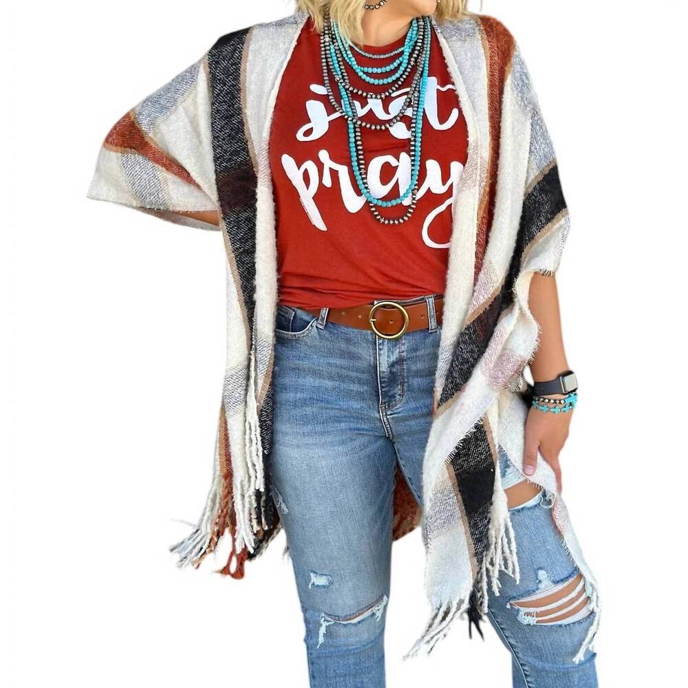NEW TEXAS TRUE THREADS plaid stacie plaid kimono in ivory multi